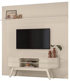 Painel TV 75 Pol 238cm Ripado Kalven com Rack Bancada Enzari Calacata/Off White M20 - D'Rossi