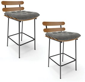Kit 02 Banquetas Costela Suede Grafite Base Metálica Preto - D'Rossi