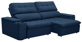Sofá Retrátil e Reclinável 3 Lugares 230cm Zoho Porta Copos no Braço Veludo Azul G22 - Gran Belo