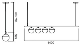Pendente Snooker C/ 4 Globos Assimetricos 140Cm 4L E27 Mini Bulbo / Me... (BT - Branco Texturizado, FOSCO)