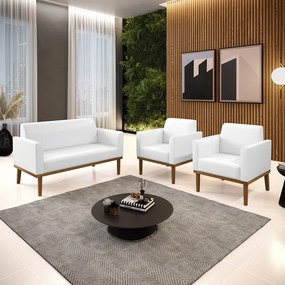 Sofá Namoradeira com 2 Poltronas Base de Madeira Fixa Castanho Marisa Corano - Branco
