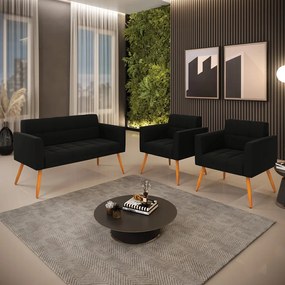 Kit 1 Sofá Namoradeira e 2 Poltronas Elisa Suede Pés Palito Castanho - D'Rossi - Preto