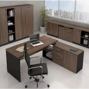 Mesa L Diretor Escritório 170x160 Marrom Preta C/ Tampo
