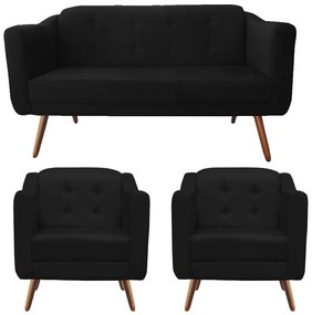 Kit Namoradeira + 2 Poltronas Bruna Pé Palito Suede Preto