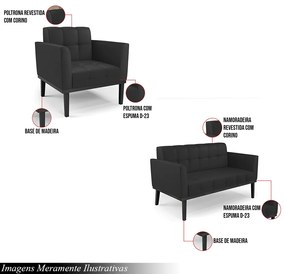 Conjunto Poltrona e Namoradeira Decorativa Karen Pés Fixo em Madeira Preto PU Preto G19 - Gran Belo