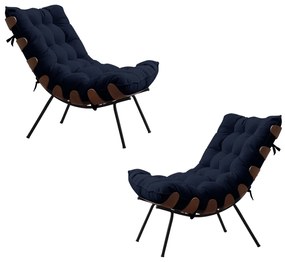 Kit 2 Poltronas Decorativas Sala de Estar Abel Base de Madeira Preto Veludo Azul G41 - Gran Belo