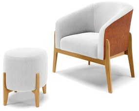 Poltrona e Puff Decorativo Base Madeira Stella PU Nozes/Bouclê D03 - D'Rossi - Off White