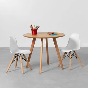Conjunto Mesa Infantil Square Laminada Natural - 68cm + 2 Cadeiras Eiffel Infantil - Branco