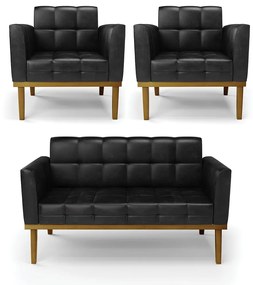 Conjunto 2 Poltronas e 1 Namoradeira Decorativa Karen Pés Fixo em Madeira Castanho PU Preto Brilho G19 - Gran Belo
