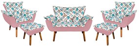 Kit 01 Namoradeira com 02 Poltronas e 02 Puffs Opala Composê Suede com Estampado Traçado Azul D33 Pés Palito Castanho - Rose