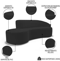 Sofá Living  2 Lugares 180cm Braço Direito Mozart D06 Veludo Preto - M