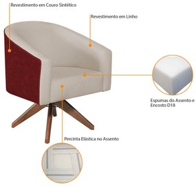 Kit 02 Poltronas Luiza Base Giratória de Madeira Factor Vermelho e Linho - ADJ Decor
