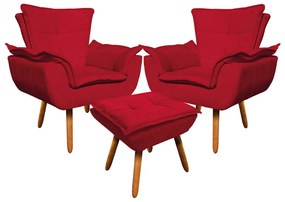 02 Poltronas e 01 Puff Pé Palito de Madeira Opala Suede - Vermelho