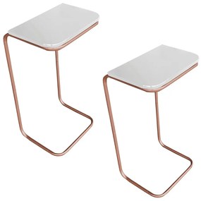 Kit 02 Mesas Lateral Tampo Branco Multiuso para Sofá Base Metálica D'Rossi - Bronze