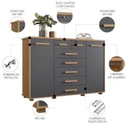 Cômoda Para Quarto 7 Gavetas 160cm Fontaine A02 Freijó/Titanium - Mpoz