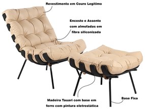 Poltrona e Puff Decorativos Sala de Estar Costela Base Preta Couro Bege G34 - Gran Belo