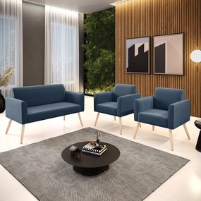 Sofá Namoradeira com 2 Poltronas Pés Palito Natural Marisa Suede D03 - D'Rossi - Azul Marinho