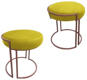 Puff Redondo Base Industrial Cobre Kit 2 Love Suede - Amarelo