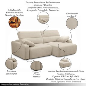 Sofá Decorativo Sala de Estar Ibiza 3 Lugares 260cm Reclinável e Retrátil Bouclê Bege Claro G89 - Gran Belo