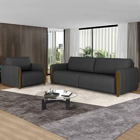 Poltrona Decorativa Pés Madeira Maceió PU Preto G45 - Gran Belo