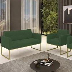 Sofá Namoradeira e 1 Poltrona Base Industrial Dourado Ana Veludo Verde