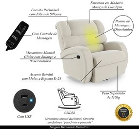 Poltrona do Papai Sala de Cinema Reclinável Kylie Glider Manual Giratória Massagem USB Veludo Bege G23