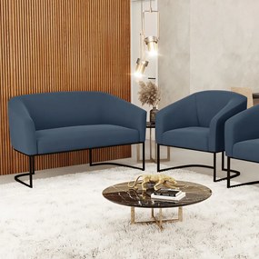 Sofá Namoradeira e Poltrona Base Industrial Preto Stella Suede D03 - D'Rossi - Azul Marinho