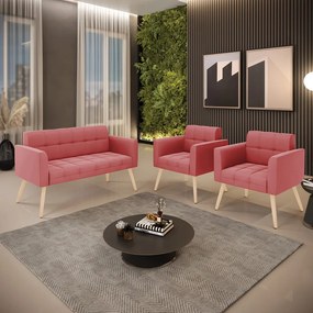 Kit 1 Sofá Namoradeira e 2 Poltronas Elisa Suede Rosê Pés Palito Natural - D'Rossi