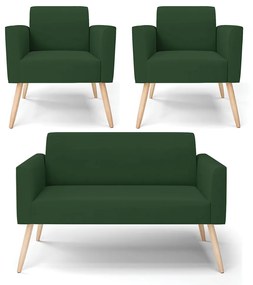 Sofá Namoradeira com 2 Poltronas Pés Palito Natural Marisa Veludo D03 - D'Rossi - Verde