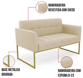 Kit 1 Sofá Namoradeira e 2 Poltronas Elisa Suede Base Metálica Industrial Dourado D03 - D'Rossi - Bege