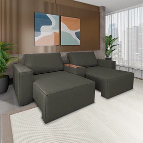 Sofá Decorativo Automatizado Shogun 292cm Reclinável 6 Posições Retrátil c/Console Central Entrada USB Bluetooth Linho Grafite G33 - Gran Belo