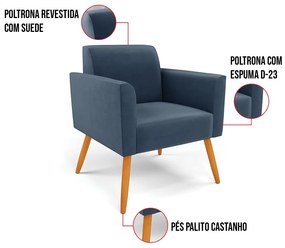 Kit 2 Poltronas Pés Palito Castanho Marisa Suede - Azul Marinho