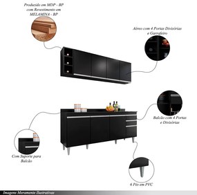Conjunto Balcão de Cozinha com Tampo Apex Armário Aéreo MDP/BP Preto G96 - Gran Belo