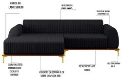 Sofá 255cm 4 Lugares com Chaise Esquerdo Pés Gold Molino D-465 Linho C