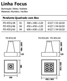 Pendente Quadrado Focus C/ 01 Box 4L E27 / 1L Gu10 38X38X12Cm | Usina... (PT - Preto Texturizado)
