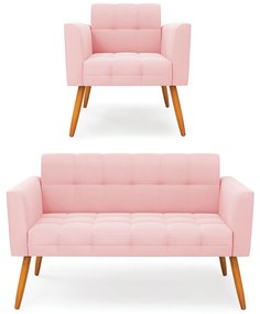 Kit 1 Sofá Namoradeira e 1 Poltrona Elisa Suede Pés Palito Castanho - D'Rossi - Rosa Bebê