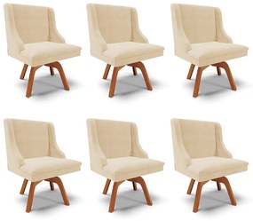 Kit 6 Cadeiras Decorativas Sala de Jantar Base Giratória de Madeira Firenze Suede Bege/Natural G19 - Gran Belo