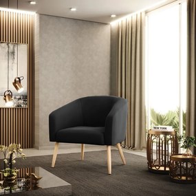 Poltrona Decorativa Pé Palito Natural Kit 2 Stella Veludo Preto D03 - D'Rossi