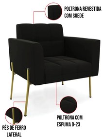 Poltrona Pé de Ferro Dourado para Sala Elisa Suede D03 - D'Rossi - Preto