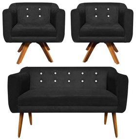 Kit 01 Namoradeira 02 Lugares e 02 Poltronas Giratória Julia Suede com Strass Base Madeira MM30 D'Rossi - Preto