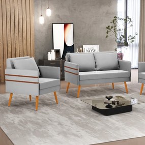 Kit 01 Namoradeira 02 Lugares e 01 Poltrona Mari Suede Cinza Pés Palito Castanho - D'Rossi