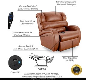 Poltrona do Papai Sala de Cinema Reclinável Kylie Controle Power Elétrico USB PU Caramelo Brilho G23