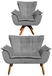 Kit Namoradeira 2 Lugares e 1 Poltrona Decorativa Giratória Madeira Op