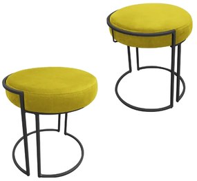 Puff Redondo Base Industrial Preto Kit 2 Love Suede - Amarelo