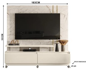 Estante de TV 75 Pol 183cm com Rodízio Sala Belora M20 - D'Rossi - Calacata e Off White