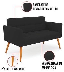 Kit 1 Sofá Namoradeira e 1 Poltrona Elisa Veludo Pés Palito Castanho D03 - D'Rossi - Preto
