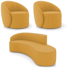 Sofá 4 Lugares Orgânico 220cm Morgan e 2 Poltronas Lua Veludo Mostarda D03 - D'Rossi