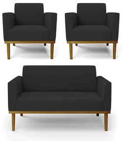 Conjunto 2 Poltronas e 1 Namoradeira Decorativa Isabella Pés Fixo em Madeira Castanho Veludo Preto G19 - Gran Belo