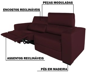 Sofá Reclinável Automático 190 cm Sala de Estar Rene Modern Couro Bordô G72 - Gran Belo