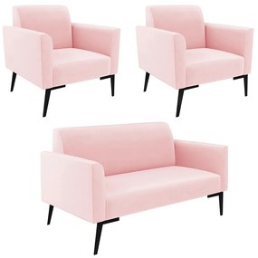Sofá Namoradeira com 2 Poltronas Pés Villach Marisa Suede D03 - D'Rossi - Rosa Bebê